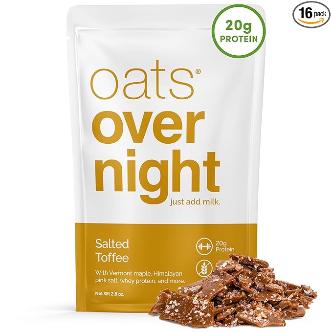 Oats Overnight Salted Toffee - Overnight Oats with 20g Whey Protein High Fiber Breakfast Protein Shake - Gluten Free Oatmeal Non GMO High Protein Oatmeal (2.8 oz per Meal) (16 Pack)