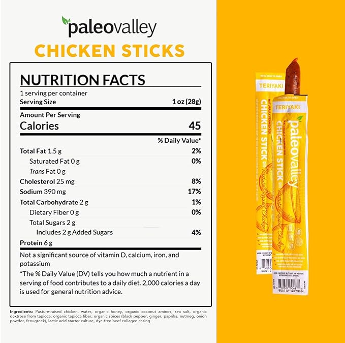 Paleovalley Pasture-Raised Chicken Sticks – 10 Pack – 7g Protein per Stick – Keto-Friendly Paleo Gluten-Free Nitrate-Free – On-the-Go Snack (10 Pack Teriyaki)