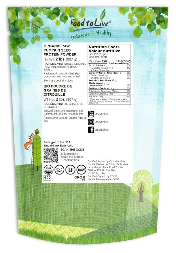 Food to Live Organic Pumpkin Seeds Protein Powder 2 Pounds - 60% Protein Non-GMO Non-Irradiated Pure Flour Kosher Vegan Superfood Bulk for Baking Drinks and Smoothies