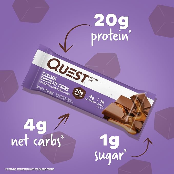 Quest Nutrition Caramel Chocolate Chunk Protein Bar 20g Protein 1g Sugar 4g Net Carbs Gluten Free Keto Friendly 12 Count