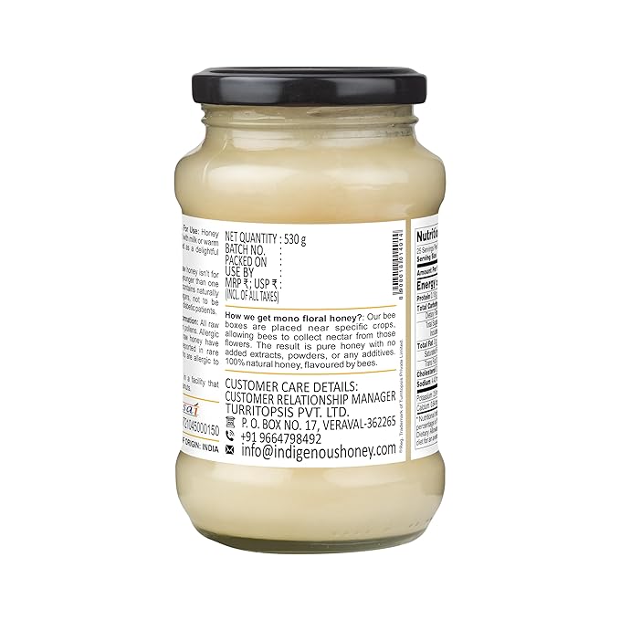 INDIGENOUS HONEY Crystallized Mustard Sarso Honey Raw Natural Pure Unprocessed NMR Tested Unpasteurized Unheated 530g Glass Jar Pack of 1