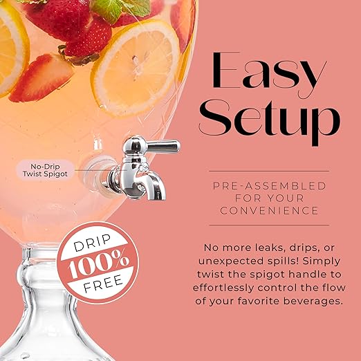 Beverage Dispenser for Countertop - 1 Gallon Large Glass Drink Dispenser w/Spigot &amp Lid - Party Drink Dispenser for Sweet Tea Lemonade Punch Water Juice Dispensers for Parties