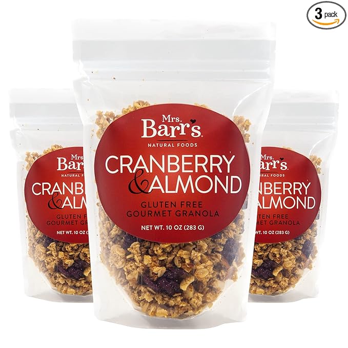 Mrs. Barr’s Natural Foods Granola | Cranberry &amp Almond | Certified Organic Gluten Free Oats | Soft Texture | Small Batch | Gourmet Quality | Real Ingredients | 10 Ounces (3 Pack)
