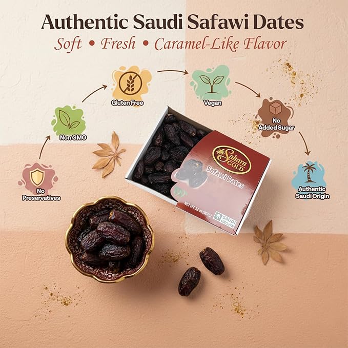 Sahara Gold Safawi Dates - Authentic Saudi Grown from Al- Madinah - NON-GMO &amp Gluten Free Fiber Rich Healthy Snacks - Naturally Mildly Sweet - Bulk Non-Pitted Dates - For Ramadan &amp Snacking 9