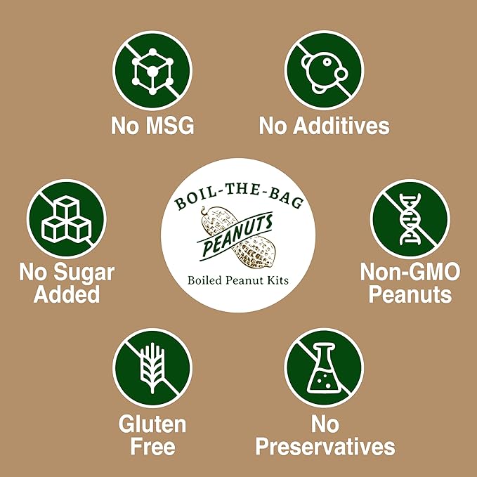 Boiled Peanuts Kit | Contains Premium In Shell Peanuts Salt and a Unique Seasoning Blend in a Muslin Cooking Bag | 6 Kits of Garlic Onion Flavor