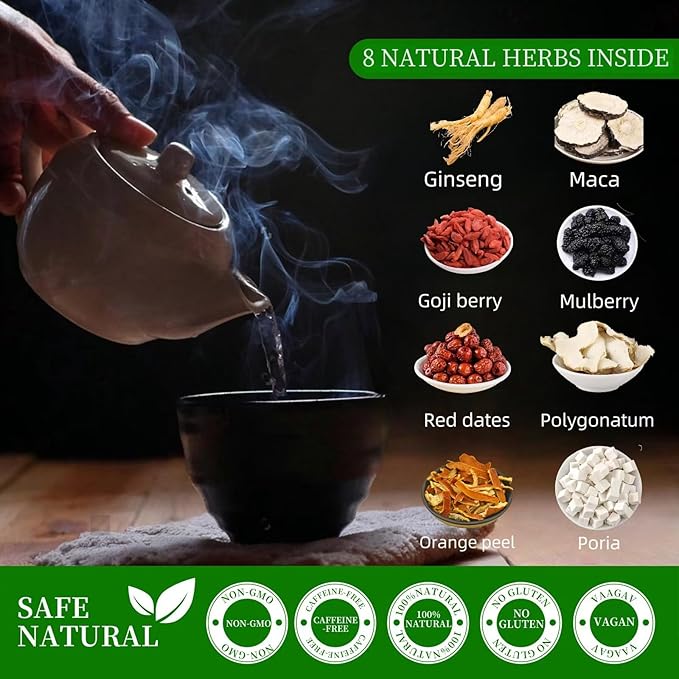 20 Pack Ginseng Kidney Tea-Ginseng Six Treasure teaEight Natrual Herbs Blend MulberryWolfberry-Traditional Chinese Herbal Kidney Tea Formula for Men &amp Women100% Plant Base(300g/Bag)