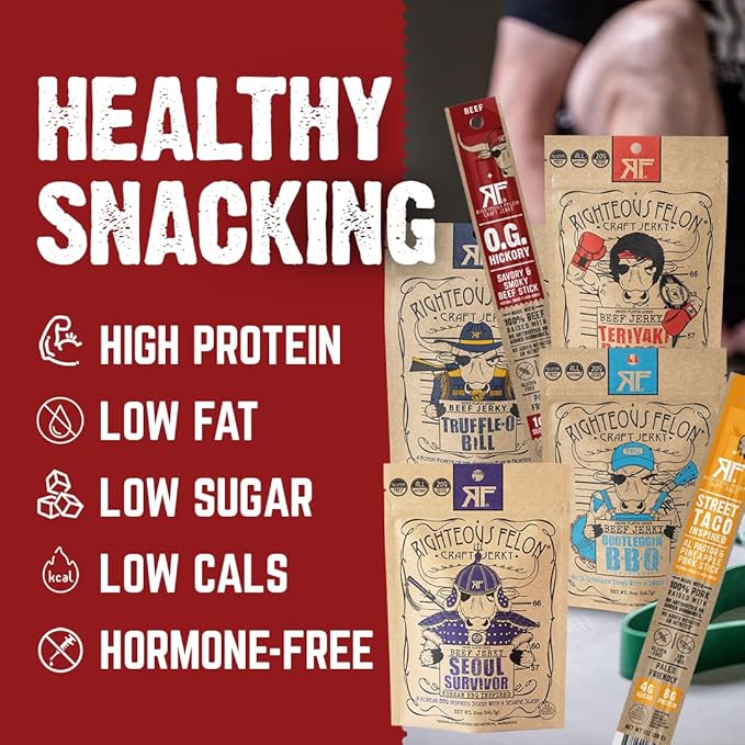 Righteous Beef Jerky Variety Pack Gift Basket - Great Gifts for Men | Gluten Free High Protein Healthy Snack | Beef Pork &amp Turkey Jerky Variety Snack Pack | Fan Favorites 6 Pack
