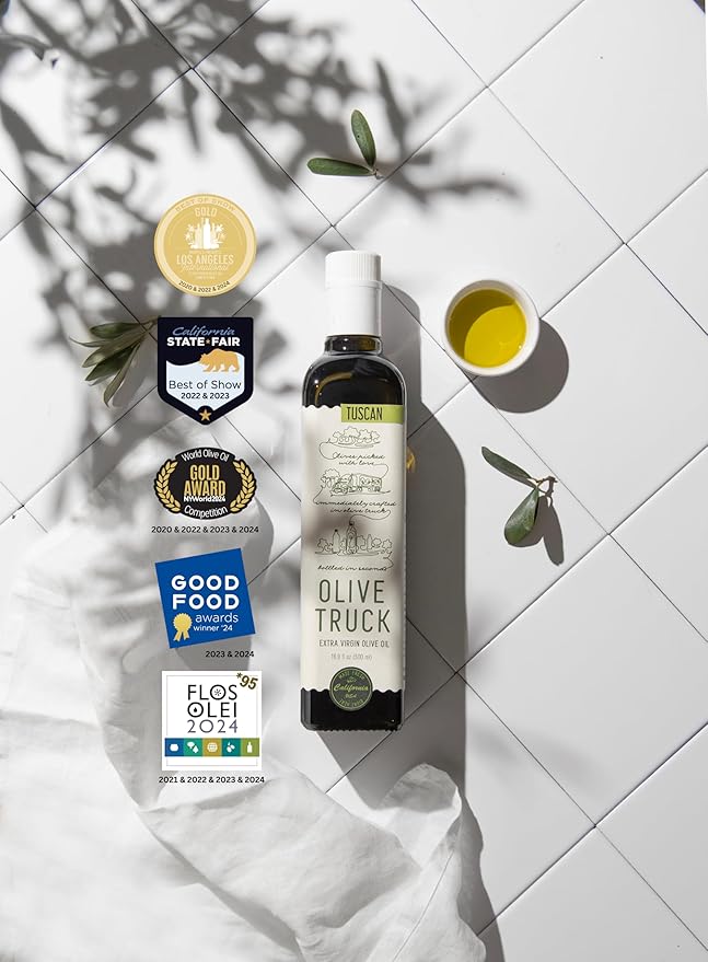 Olive Truck California Extra Virgin Olive Oil - Made from Early Harvest Olives Authentic &amp Filtered Glass Bottle Cold-Pressed High Polyphenol Olive Oil - Ascolano (Italian) 16.9 fl oz (Pack of
