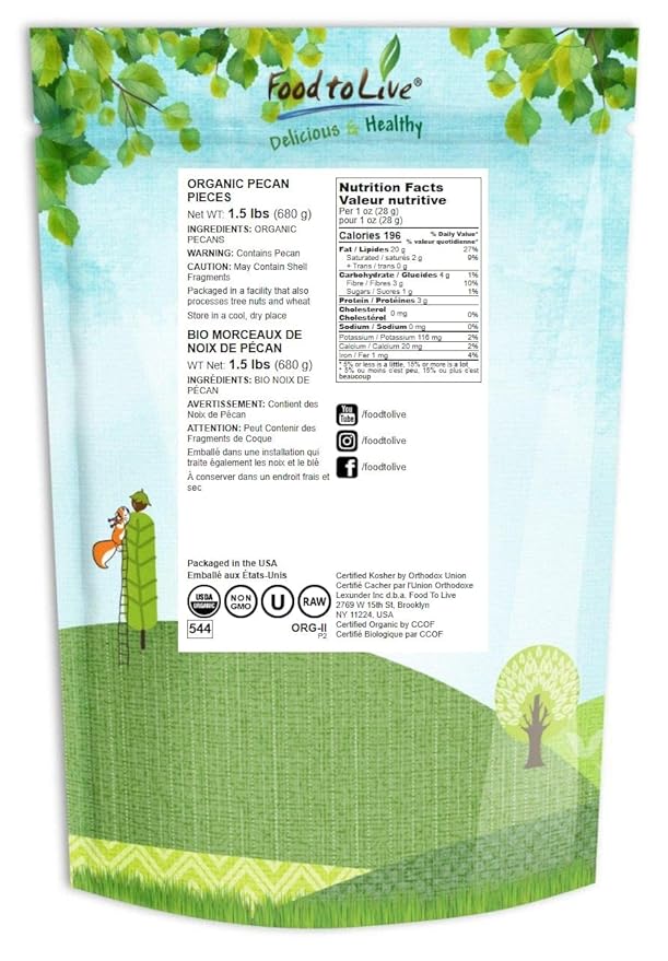 Food to Live Organic Pecan Pieces 1.5 Pounds Raw Chopped Pecans Non-GMO Unsalted Unroasted Kosher Shelled Kosher Vegan Sirtfood Bulk. Keto-Friendly. Good Source of Iron and Calcium