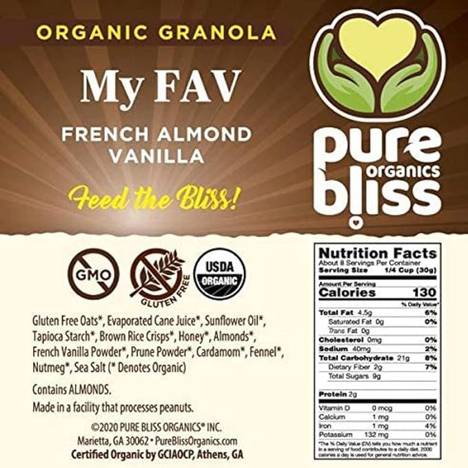 Pure Bliss Organic My FAV Granola (French Vanilla Almond) Certified Organic and Gluten Free Non-GMO Great Tasting Natural Healthy Snack Small Batch Artisan Granola Cereal Simple Satisfying Superfo