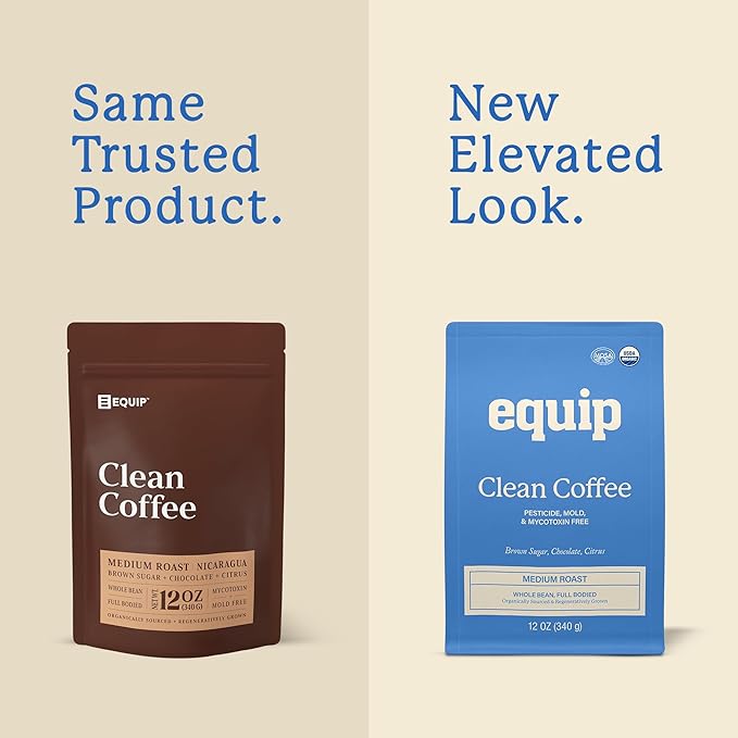 Equip Foods Clean Coffee | Gold Standard Certified Organic Fair Trade Regenerative | Medium Roast Whole Bean Nicaragua | Brown Sugar+Chocolate+Citrus