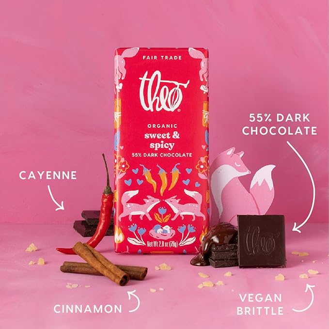 Theo Chocolate Valentine's Day Sweet &amp Spicy | Cinnamon &amp Cayenne Organic Organic Dark Chocolate Bar 55% Limited Edition 12 Pack Vegan Fair Trade Non-GMO