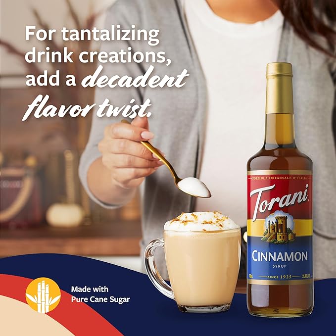 Torani Coffee Syrup Cinnamon Flavored Syrup for Drinks Glass Bottle 4-Pack Pumps Included 25.4 Fl Oz