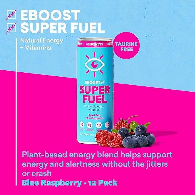 EBOOST SUPER FUEL Healthy Energy Drink - Blue Raspberry: 12 Healthy Energy Drinks - Focus &amp Productivity - 110 mg Caffeine + Nootropics &amp Electrolytes - No Sucralose Taurine Artificial Flav