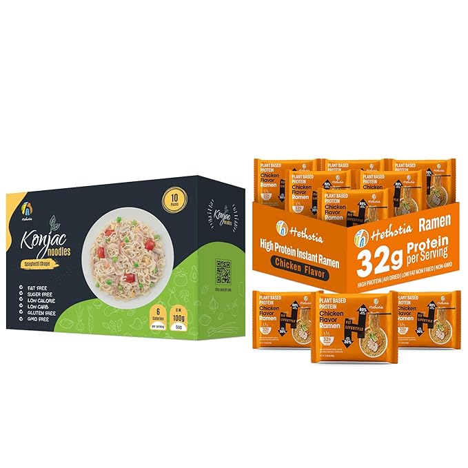 Hethstia Bundle – Shirataki Spaghetti &amp High-Protein Chicken Ramen Low Carb Konjac Pasta &amp 32g Plant-Based Protein Instant Noodle Soup Vegan Gluten-Free Keto-Friendly Quick