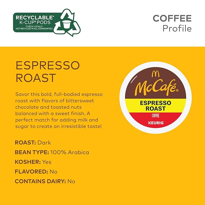 McCafe Espresso Roast Coffee Keurig Single-Serve K-Cup Pods 96 Count (4 Packs of 24) Dark Roast Made with Arabica Beans Bold Flavor with Bittersweet Chocolate &amp Toasted Nut Notes