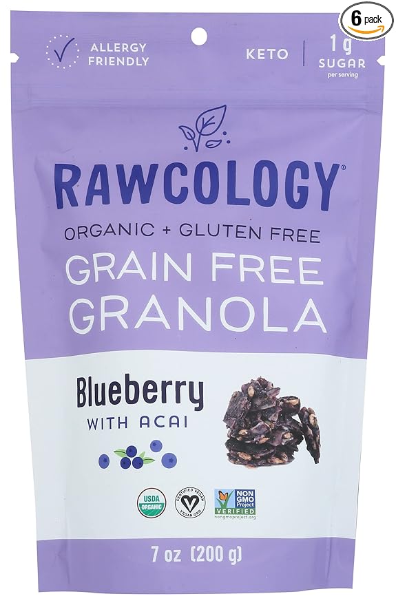 Rawcology Raw Crunch Granola Blueberry with Acai USDA Certified Organic Vegan Nut Free Dairy Free Soy Free Gluten Free &amp Non-GMO 7 Ounce (Pack of 6)