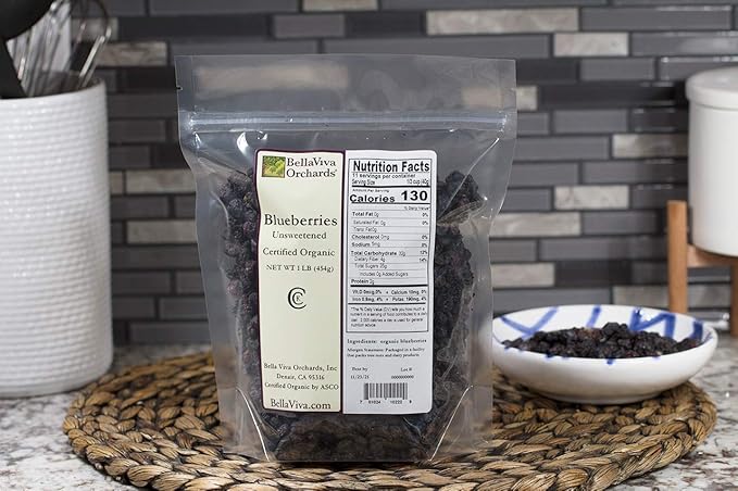 Bella Viva Orchards Organic Dried Blueberries Sweet no Sugar Added 1 lb of Dried Fruit
