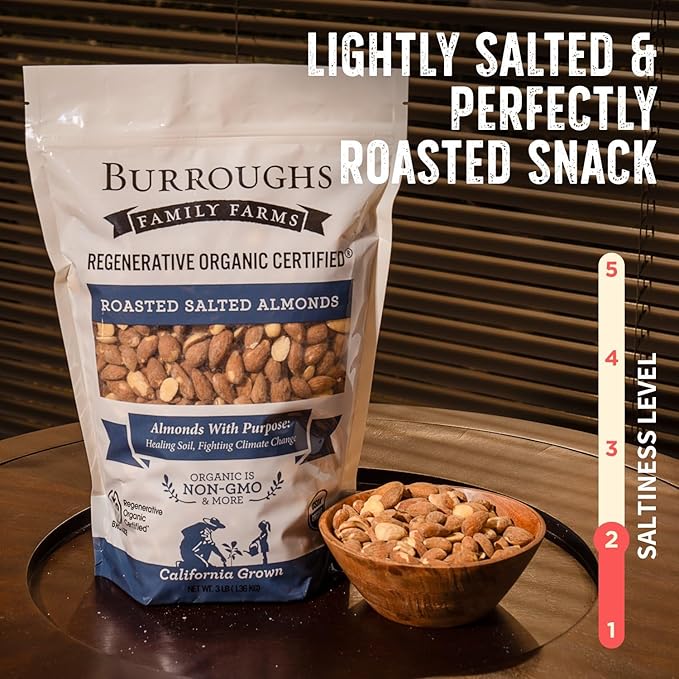 Burroughs Family Farms 3 lb Roasted Salted Almonds – USDA Organic First Regenerative Organic Certified Almond Farm – 2x the Antioxidants and Vitamin B Versus Other Almonds – Lightly Salted &amp Perf