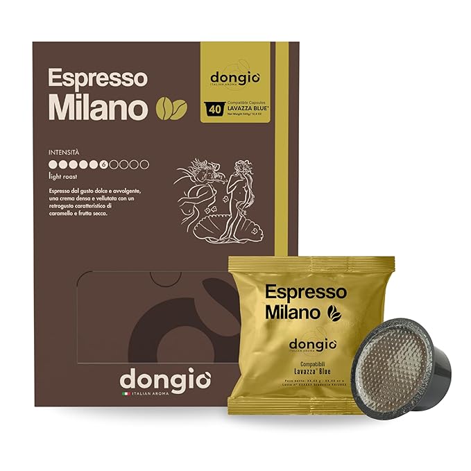 Dongiò Caffè Espresso Milano - 40 Capsules compatible with Lavazza Blue/Black systems Med-Light Roast Coffee (Intensity 6/10) - Roasted and Blended in Italy