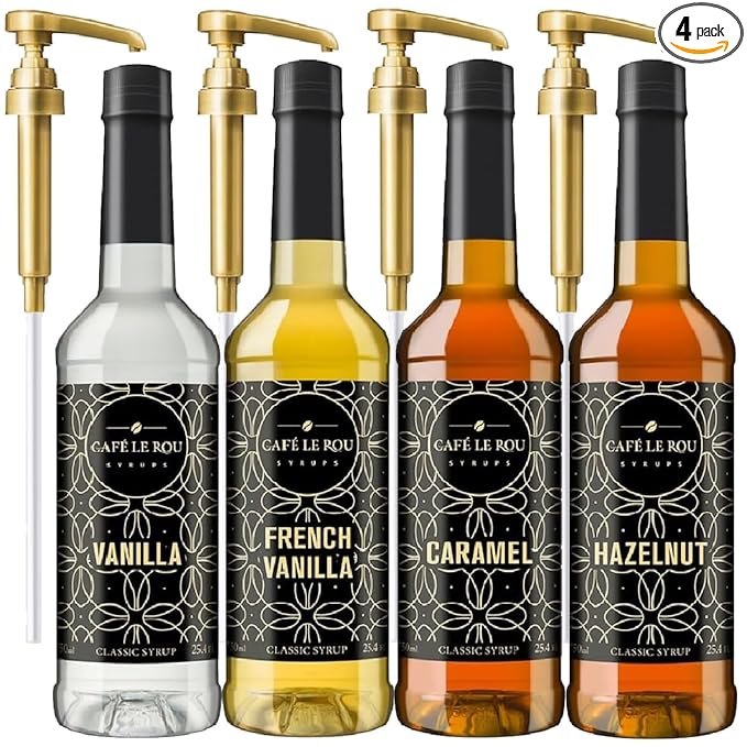 NEW Café Le Rou Variety 25.4oz Vanilla French Vanilla Caramel Hazelnut (Variety 4-pack) *Includes 4 Coffee Syrup Dispensers for Coffee Tea and Espresso