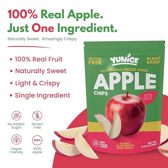 YUNiCE Freeze-Dried Fruit Snacks freeze dried apples dried apple chips All Natural 100% Apple No Sugar Added Gluten Free Plant Based Crispy Healthy Snack Pouches APPLE 0.53 Ounce (Pack of 12)