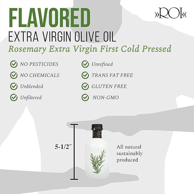 ROI Rosemary Infused Olive Oil - 100% Natural Italian Gourmet Extra Virgin Olive Oil - Cold Pressed with Real Rosemary 8.45 fl oz / 250 ml