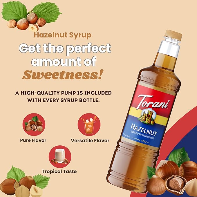 Torani Hazelnut Syrup 1 Liter Bottle with Pump – Premium Coffee Flavoring Made with Pure Cane Sugar &amp Natural Flavors for Lattes Cappuccinos Desserts Cocktails &amp More – Rich Nutty Sweetener