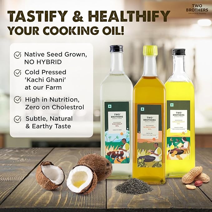 Two Brothers Organic Farms Wood Pressed Coconut Oil Kacchi Ghani/Mara Chekku Natural and Unrefined 1 Ltr (1000Ltr Glass Bottle)