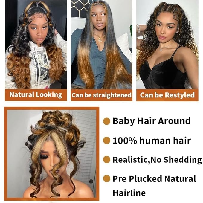 Full 360 Lace Front Wigs Human Hair For Women Ombre Lace Frontal Wig Glueless Wigs Body Wave Lace Front Wig 200 density Ombre Human Hair Wigs for Women (22 Inch)