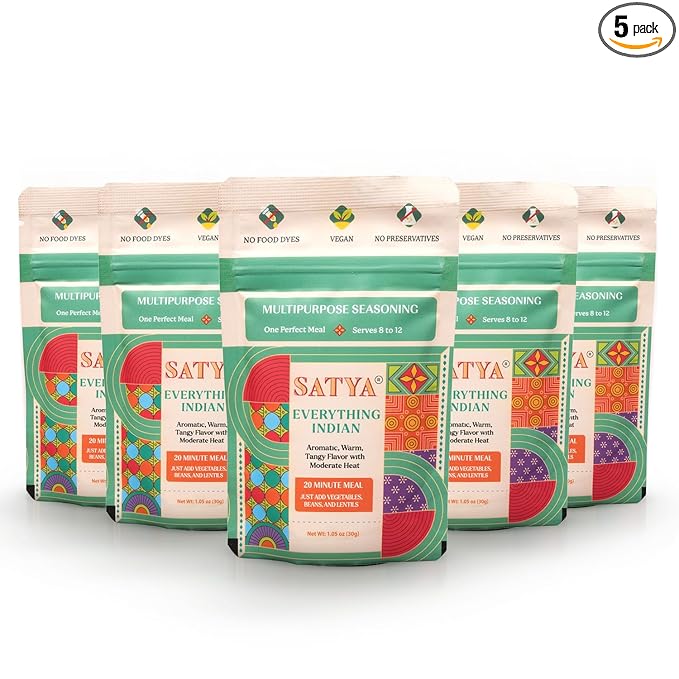 Satya Everything Indian Masala Mix Multipurpose Seasoning Powder– 1.05 oz Sachets (Pack of 5 – 150gm) Aromatic Indian Spices for Vegetables Beans &amp Lentils Vegan Gluten &amp Dye Free Low Sodiu