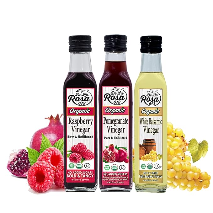 De La Rosa Organic Vinegar Gift Box Raspberry Pomegranate &amp White Balsamic Vinegar Vegan Kosher Non-GMO &amp Gluten Free Great for Salad Dressing Marinades &amp More 8.45 Oz (Pack of 3)