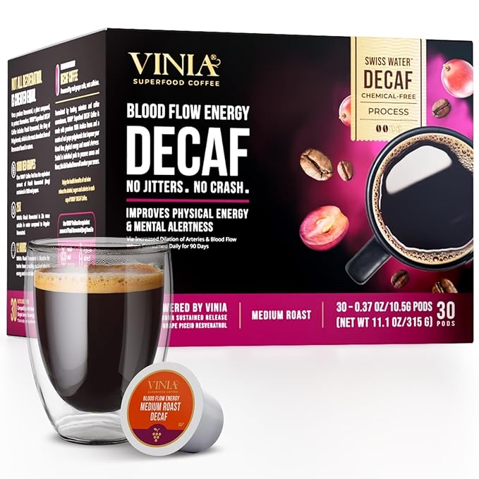 VINIA Decaf Medium Dark Roast Coffee with Red Grape Piceid Resveratrol Nitric Oxide for Heart Health Alertness Physical Energy &amp Blood Flow Circulation. 30ct K-Cup Pods