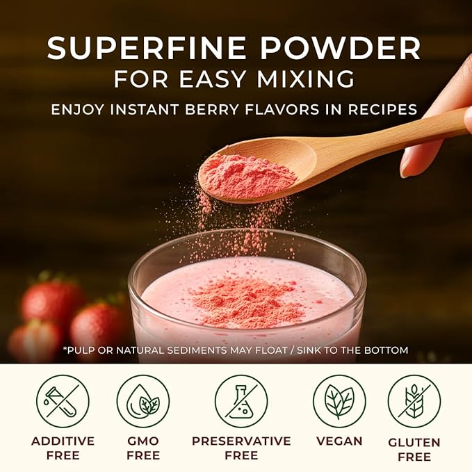 Organic Freeze Dried Strawberry Powder [1.1 Lb Bulk Size] - Great for Baking Milk Drinks Smoothies &amp Cakes - No Sugar Added Non GMO Gluten Free &amp Vegan Friendly