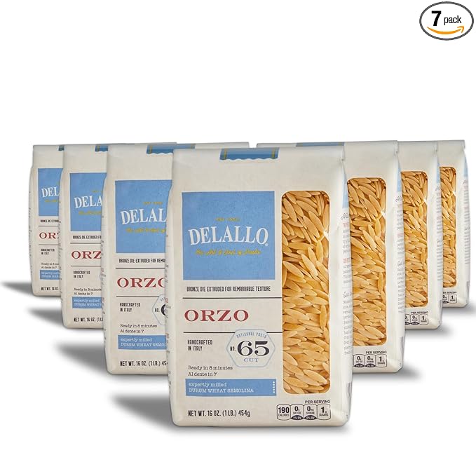 DeLallo Orzo Pasta 1 Pound Bag (7 Pack) Pastina Made in Italy Rice-Shaped Pasta Bronze Cut Made with Only 100% Durum Wheat Semolina Flour Non-GMO Kosher Vegan