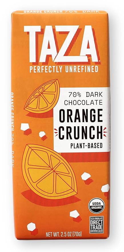 Taza Chocolate Organic Smooth &amp Crunchy Bars 70% Stone Ground Orange Crunch 2.5 Ounces (10 Count) Vegan