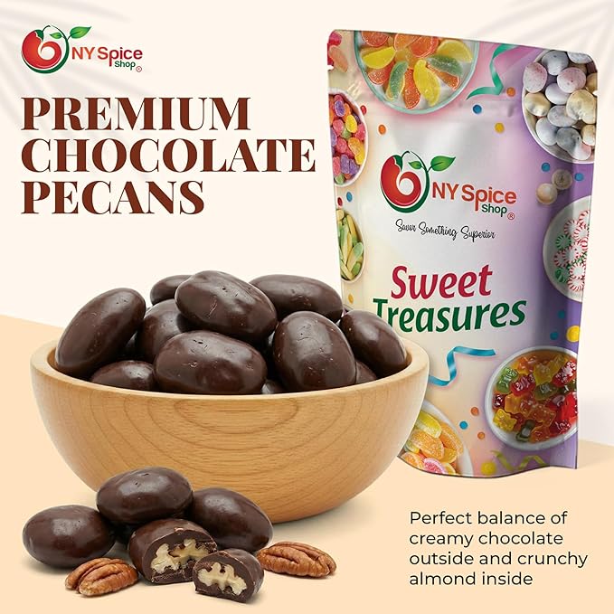 NY Spice Shop Dark Chocolate Pecans - 1 Pound Gourmet Chocolate Nuts - Winter Holiday Candies for Parties Dessert Tables Gift Baskets Seasonal Snacking and Winter Festive Treats