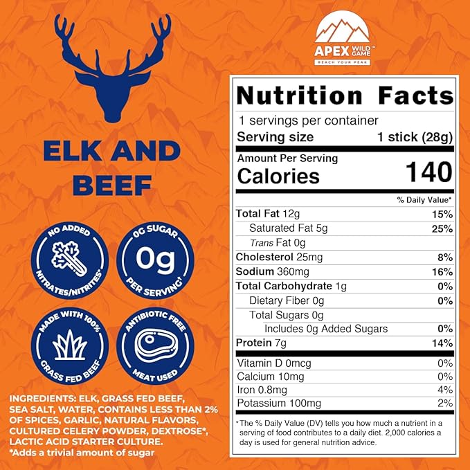 Apex Wild Game Gluten Free Keto Paleo Grass Fed Beef Zero Sugar Jerky Meat Snack Stick 1oz 12-Pack Elk