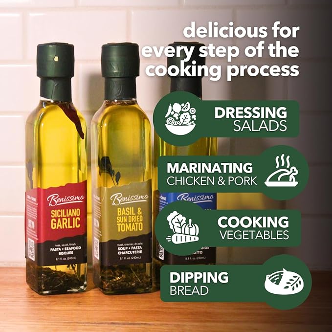Benissimo Herb Infused Cooking Oil Chef Pack – 4 Artisan Flavored Oils: Italiano Roasted Garlic Mediterranean Garlic &amp Balsamic Garlic – Gourmet Cooking Oil Gift Set All Natural 8.1 fl oz Each