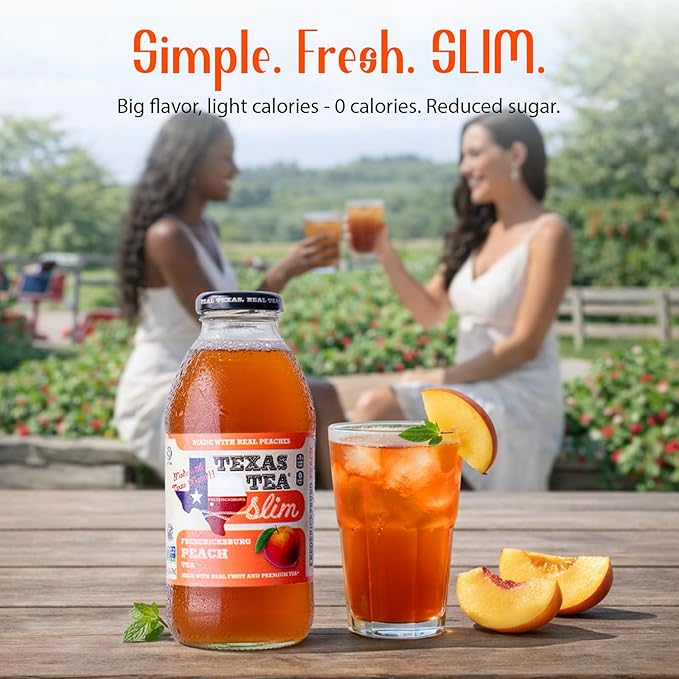 Texas Tea SLIM Fredericksburg Diet Peach Tea – Zero Calories Reduced Sugar Organic Black Tea with Real Texas Peaches Small-Batch Brewed 12-Pack 16oz Glass Bottles Southern Sweet Iced Tea