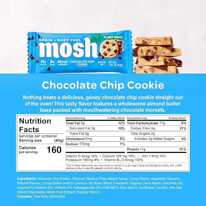 MOSH Hazelnut Chocolate Chip &amp Chocolate Chip Cookie Vegan Protein Bars Bundle Plant Based Keto Gluten Free Brain Healthy Snack with Cognizin Ashwagandha and Lion's Mane 24 Count