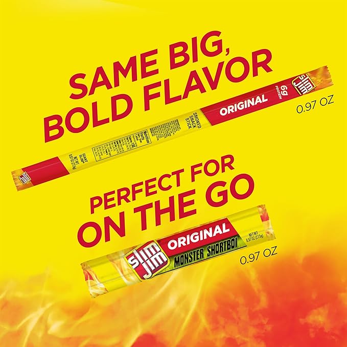 Slim Jim Monster Shortboi Smoked Meat Sticks Original Flavor 6g Protein Per Stick Snack Size Easter Basket Stuffer for Men 0.97 oz. (36 Count)