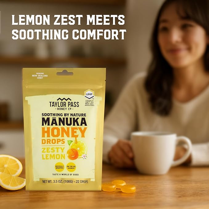 Taylor Pass Mānuka Honey Drops Bundle UMF™ 10+ Cool Mint &amp Zesty Lemon Lozenges | Natural Soothing On-The-Go | 2 Packs 22 Drops Each | Made in New Zealand