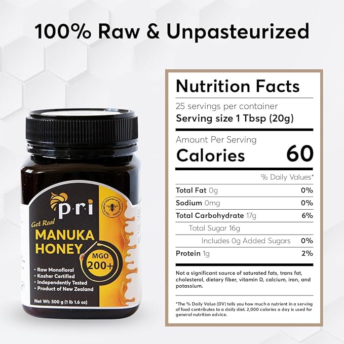 P.R.I Manuka Honey MGO 200+ Monofloral Raw New Zealand Honey Cool‑Processed &amp 100% Traceable (500g/1.1lb)