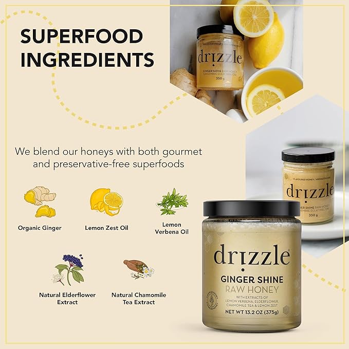 Drizzle Ginger Shine Raw Honey - All Natural Pure Raw Honey with Organic Ginger Unfiltered &amp Unheated Use in Tea &amp Coffee Sugar Substitute Certified Kosher - 13.2 oz Jar (375 g) Pack of 2