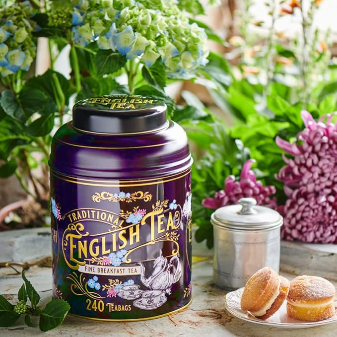 New English Teas Vintage Victorian Tea Tin in Royal Purple With 240 English Breakfast Teabags Forget Me Not Florals