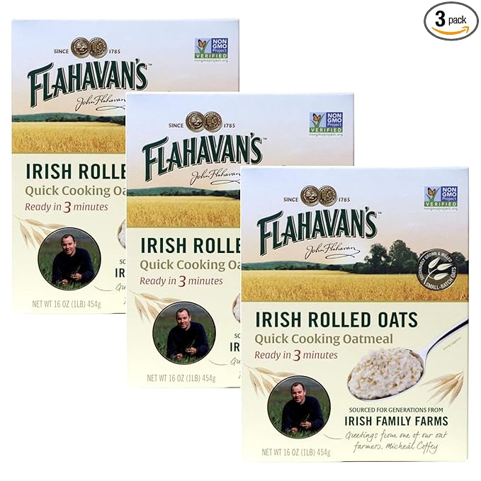 Flahavan’s Irish Rolled Oats 16 Ounce. Quick Cooking Oatmeal Ready in 3 Minutes. 100% Whole Grain Oats Non-GMO Verified Field to Spoon [Pack of 3]