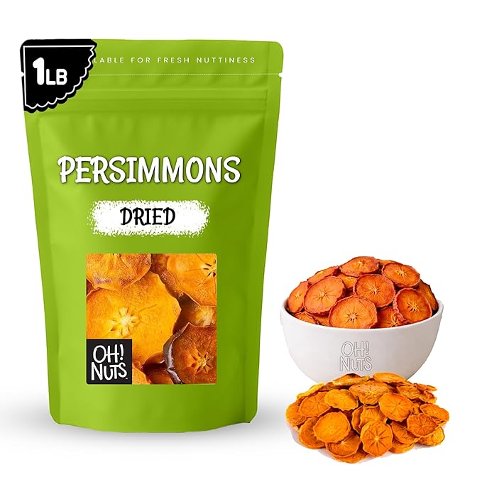 Oh! Nuts Dried Persimmons - Dehydrated Fruit - No Sugar Added - 1 lb Bag - Persimmon Slices - Dried Persimmons for Snacking &amp Baking