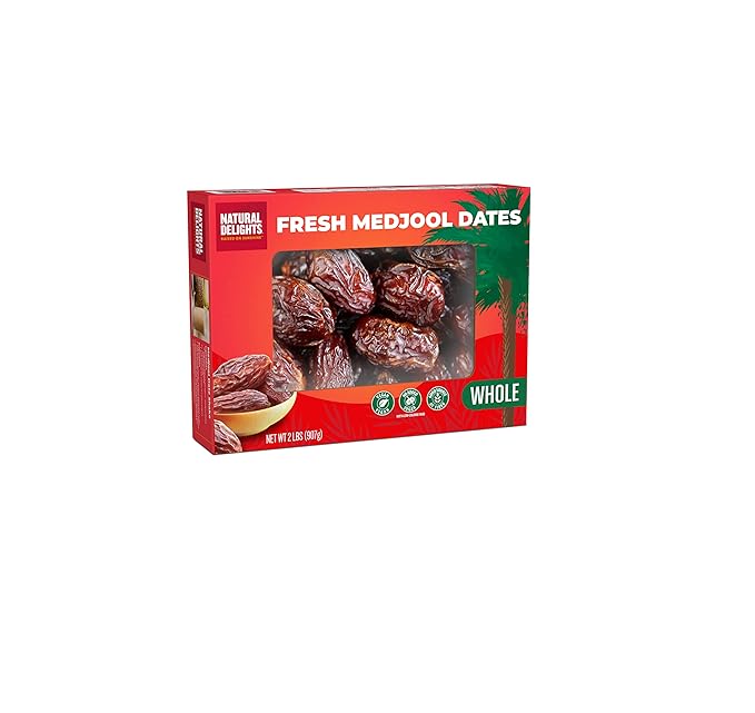 Natural Delights Dates – Large &amp Plump Non-GMO Verified Good Source of Fiber Naturally Sweet Fruit Snack Perfect for On-the-Go - Medjool Dates Whole 2 lb Box