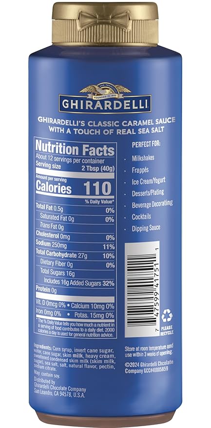 Ghirardelli Chocolate Caramel White Chocolate and Sea Salt Caramel Flavored Sauce 16 oz Bottles (Pack of 4) with Ghirardelli Stamped Barista Spoon